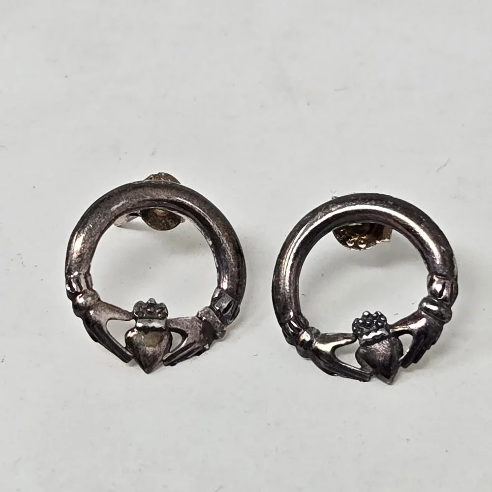 Vintage Sterling Silver Claddagh Hoop Stud Earring Irish Love Loyalty Friendship